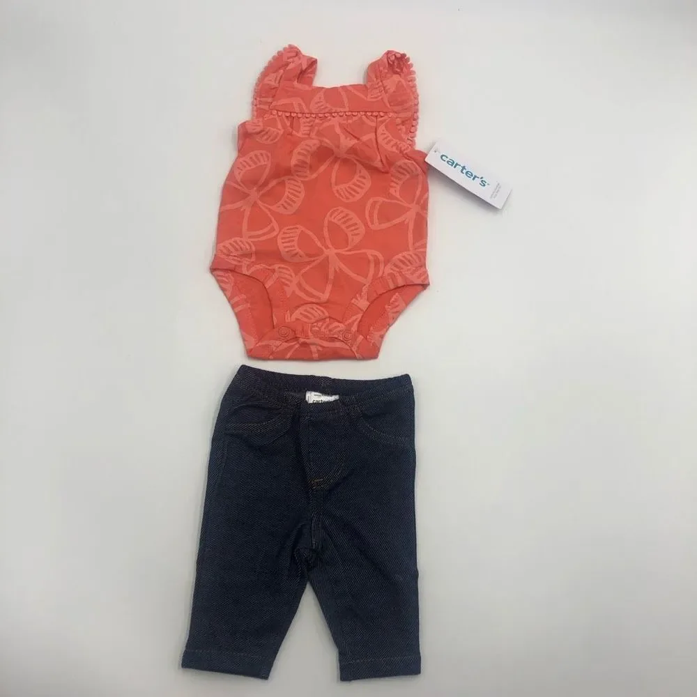 New Carter’s Coral Butterfly Bodysuit & Navy‎ Denim Pants For Newborn Girl